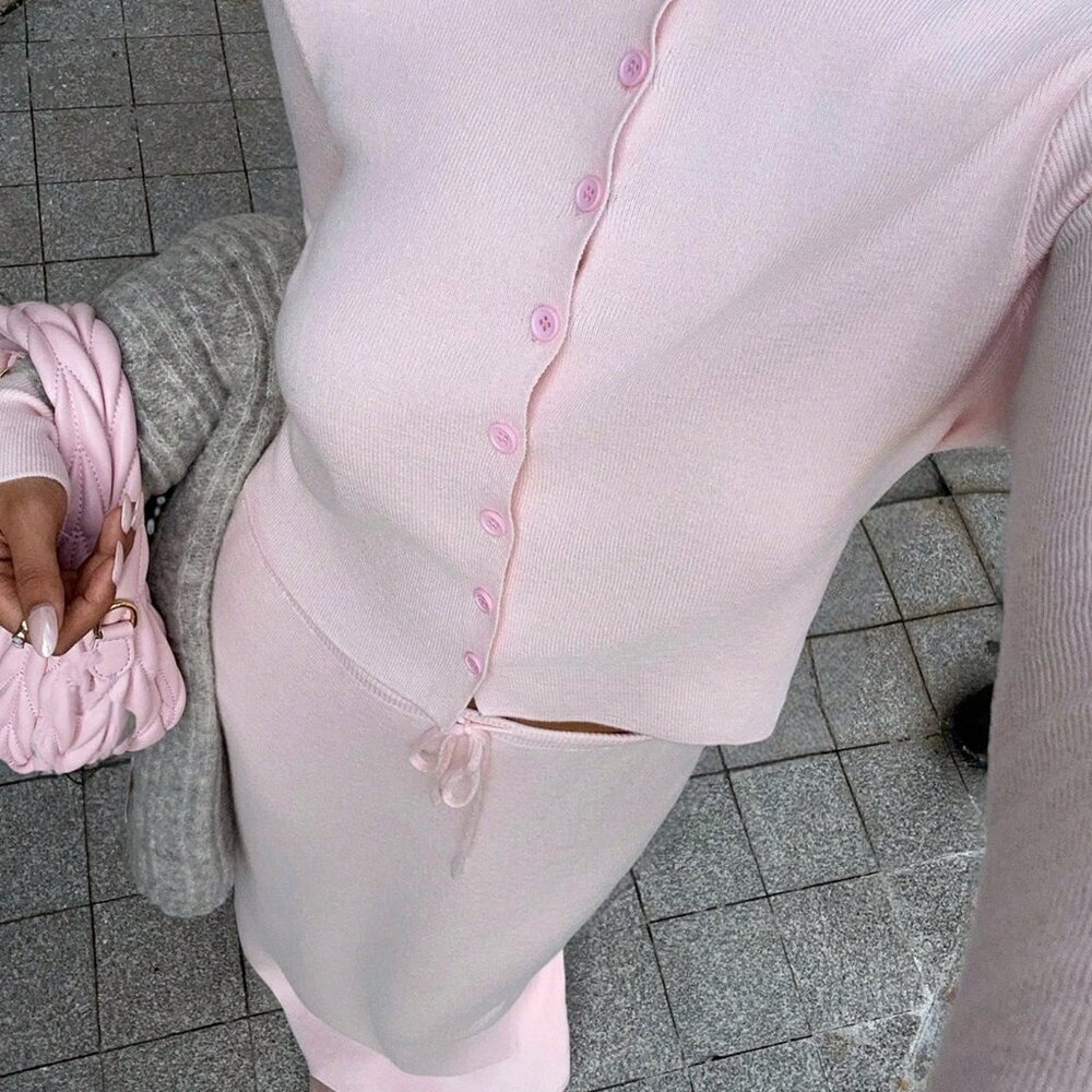 Pink Casual Women's Knitted Cardigan & Mini Skirt Set - Picture 3 of 8